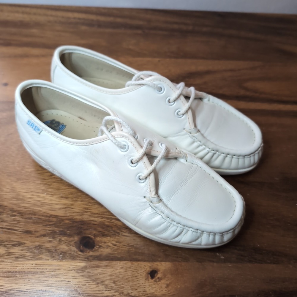 SAS Siesta White Leather Walking Shoes Comfort Oxfords Made in USA 7 WW